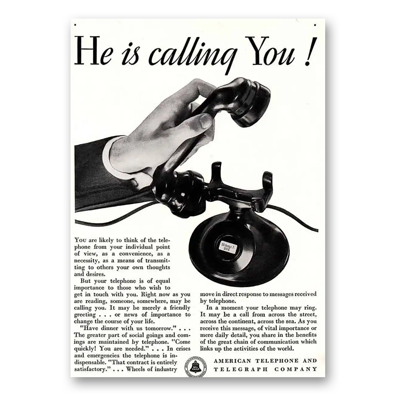 1932 American Telephone Print Ad | Calling You