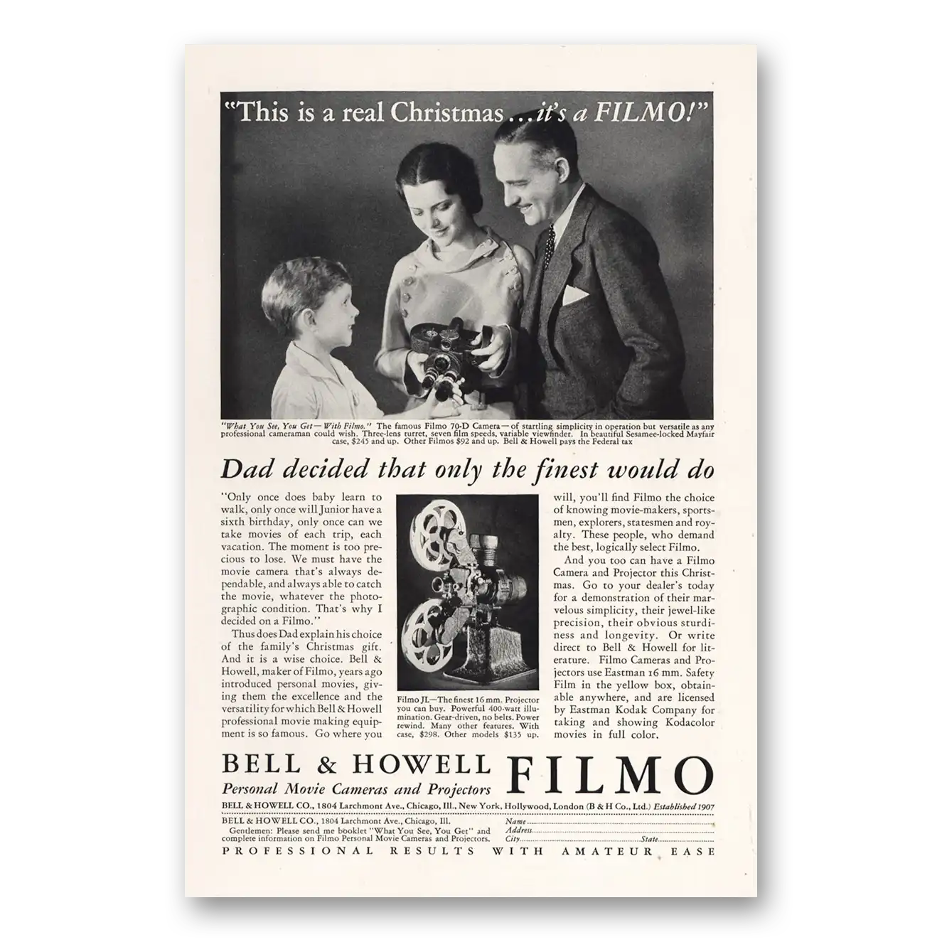 1932 Filmo Camera Print Ad | Real Christmas