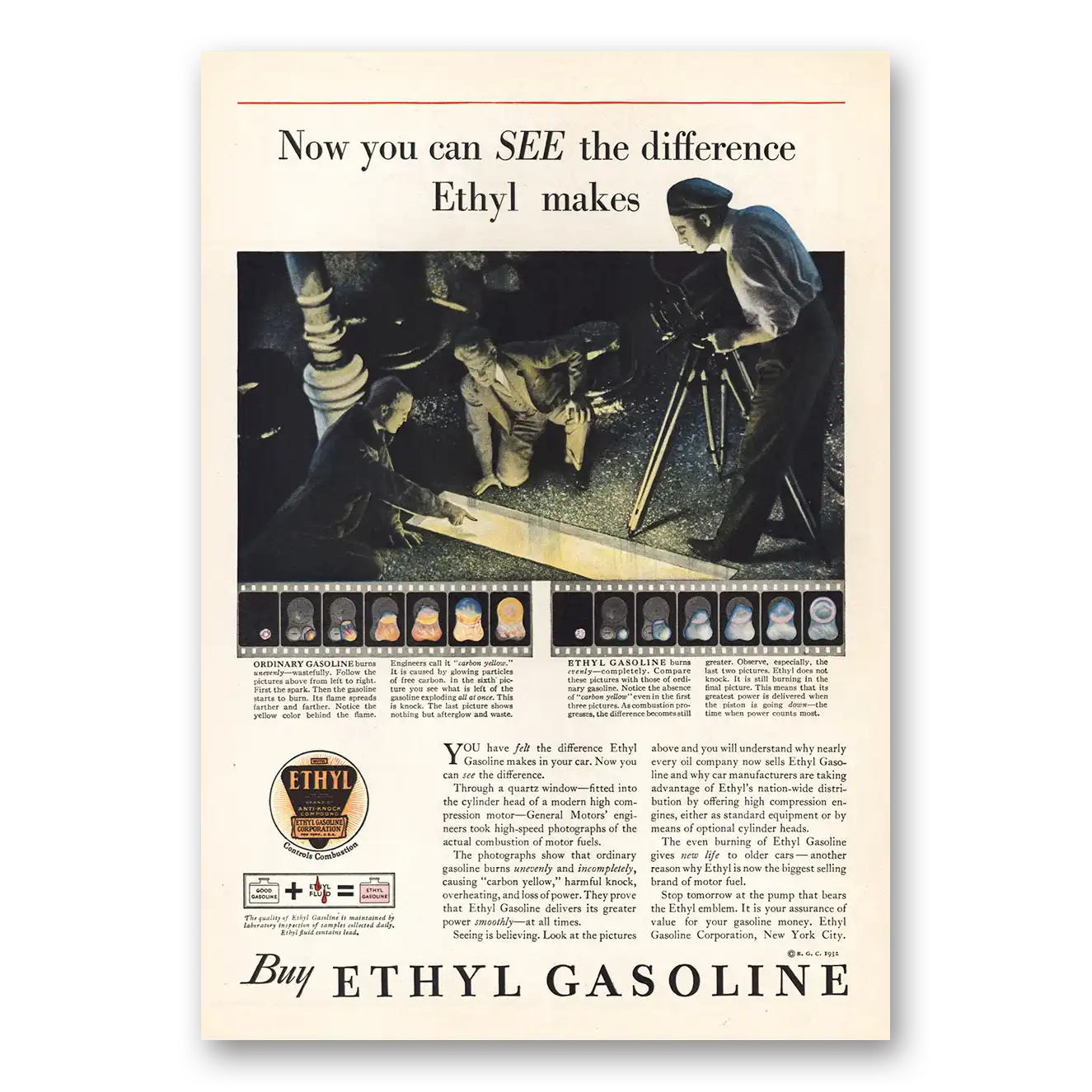 1932 Ethyl Gasoline Print Ad | See Difference