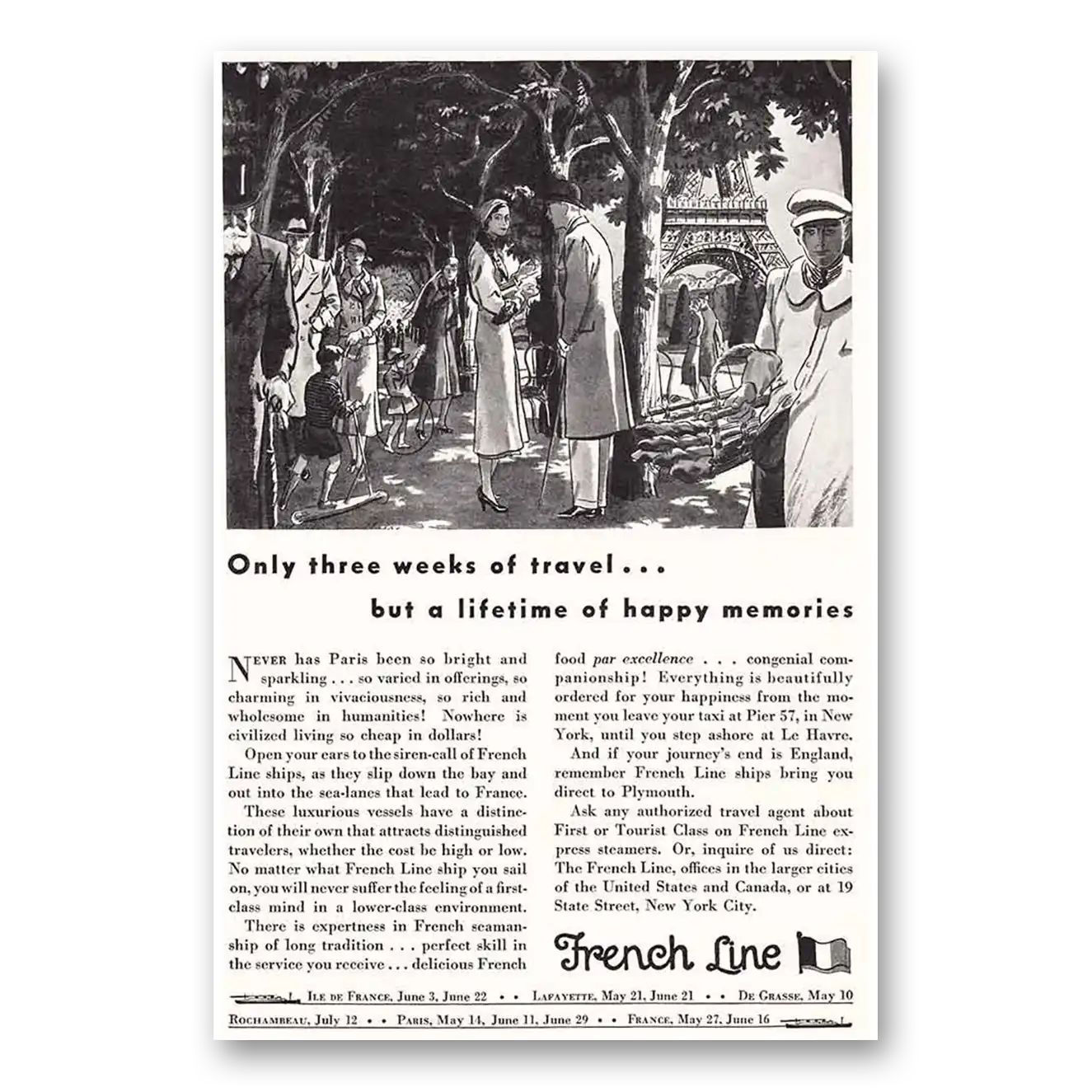 1932 French Line Print Ad | Three Weeks