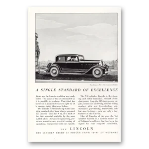 1932 Lincoln Five Passenger Sedan Print Ad | Standard Excellence