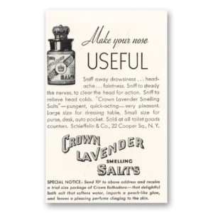 1933 Crown Lavender Smelling Salts Print Ad | Nose Useful