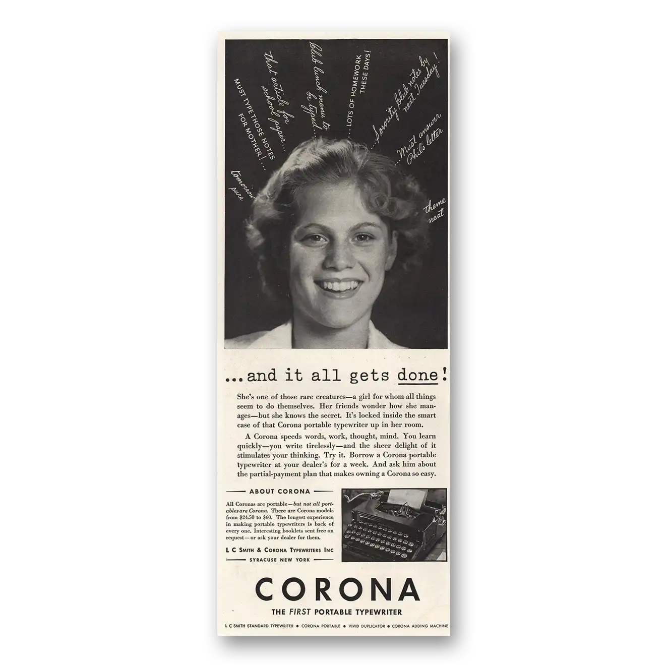 1934 Corona Typewriter Print Ad | Gets Done