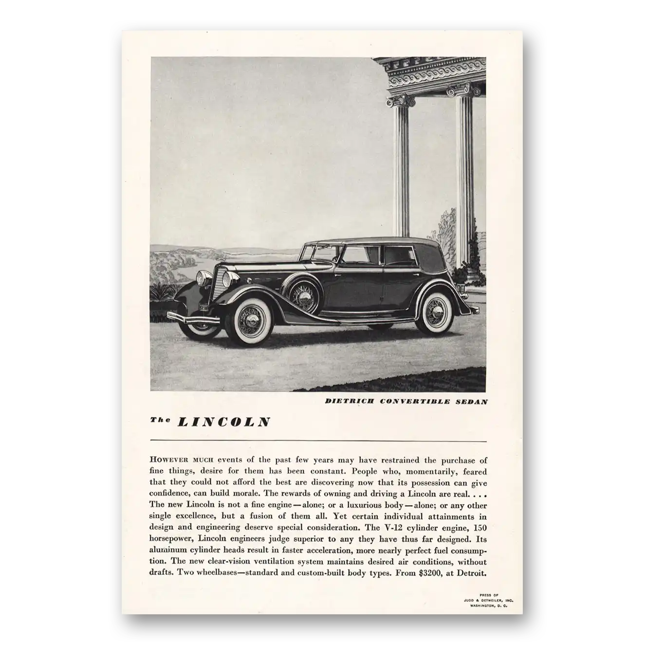1934 Lincoln Dietrich Convertible Sedan Print Ad | Events Past