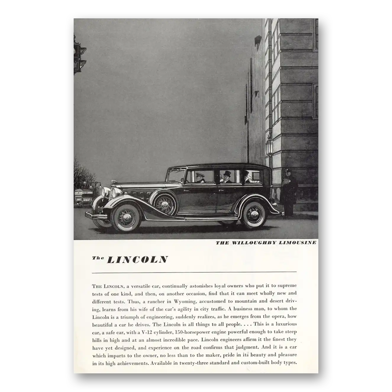 1934 Lincoln Willoughby Limousine Print Ad | Versatile Car