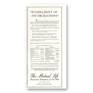 1934 Mutual Life Insurance Print Ad | Fulfillment Obligations