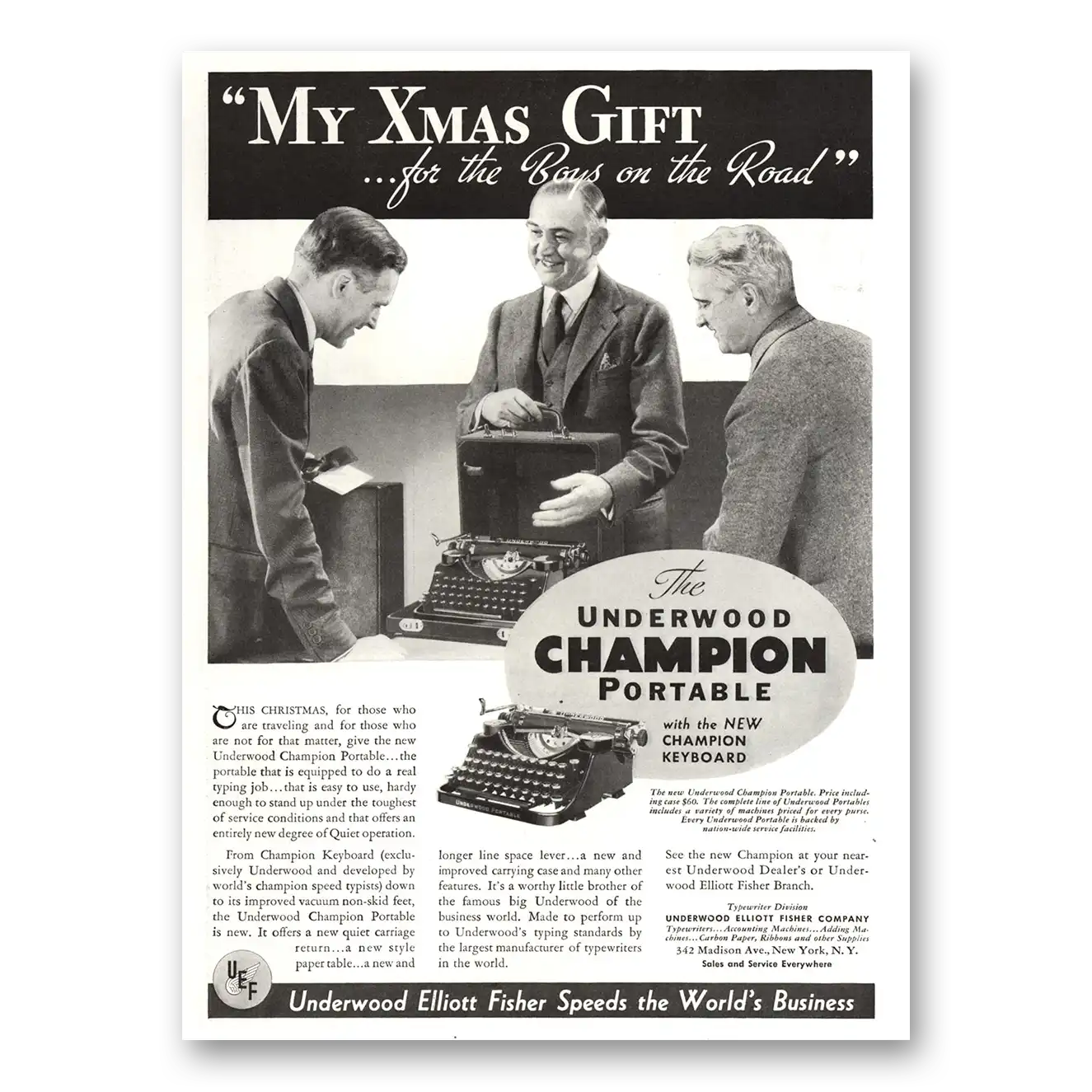 1934 Underwood Portable Typewriter Print Ad | Xmas Gift