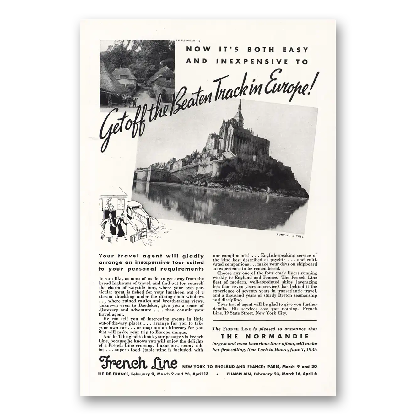 1935 French Line Print Ad | Mont St Michel