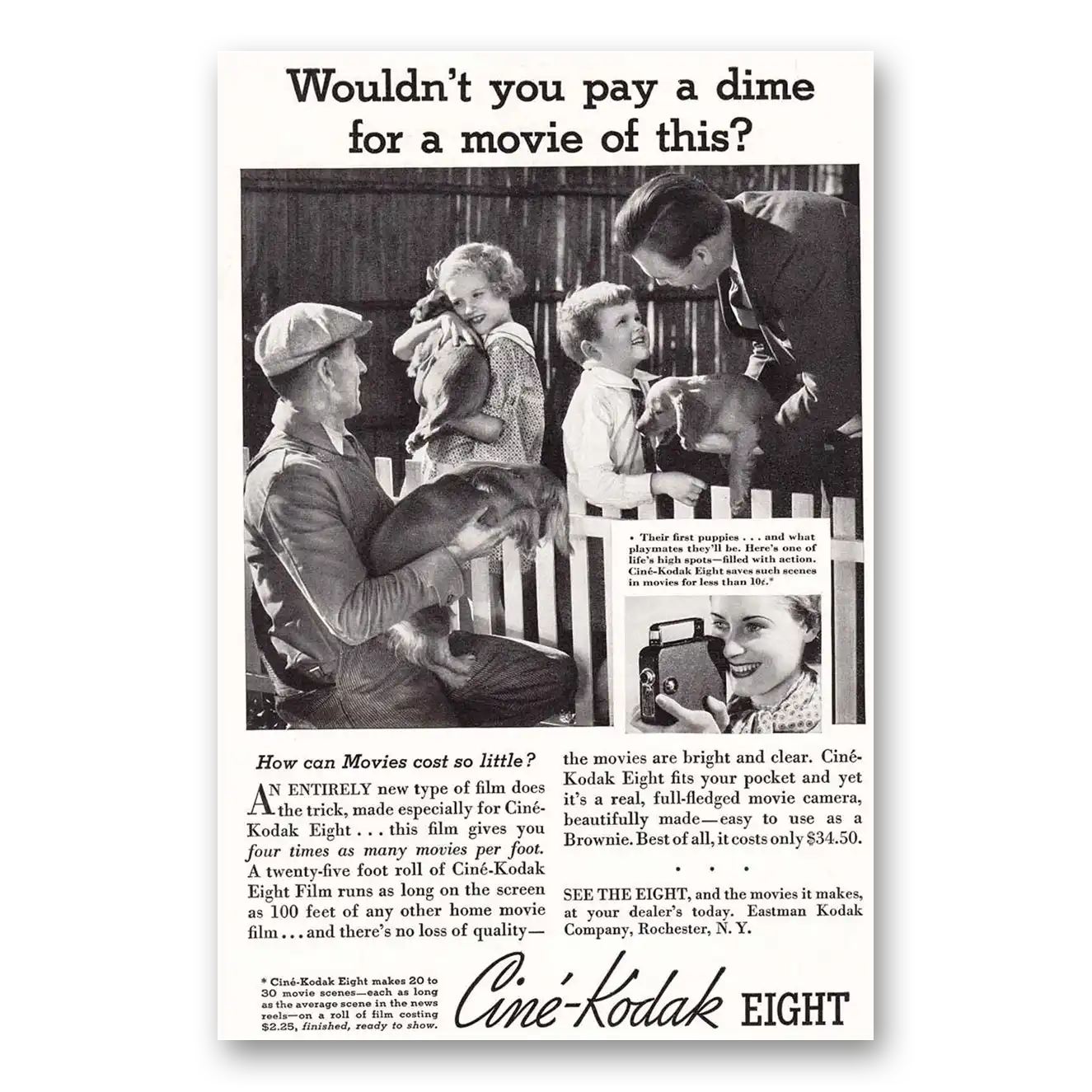 1935 Cine Kodak Eight Camera Print Ad | Cost Little