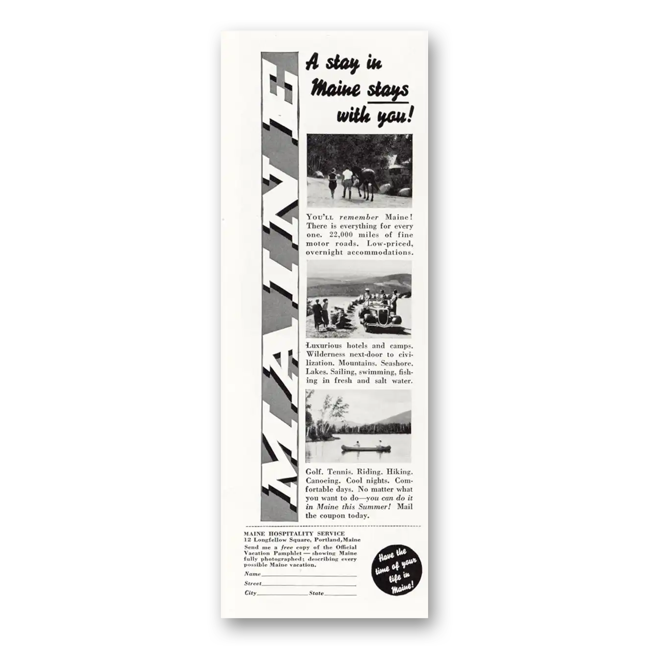 1935 Maine Print Ad | Stay In Maine