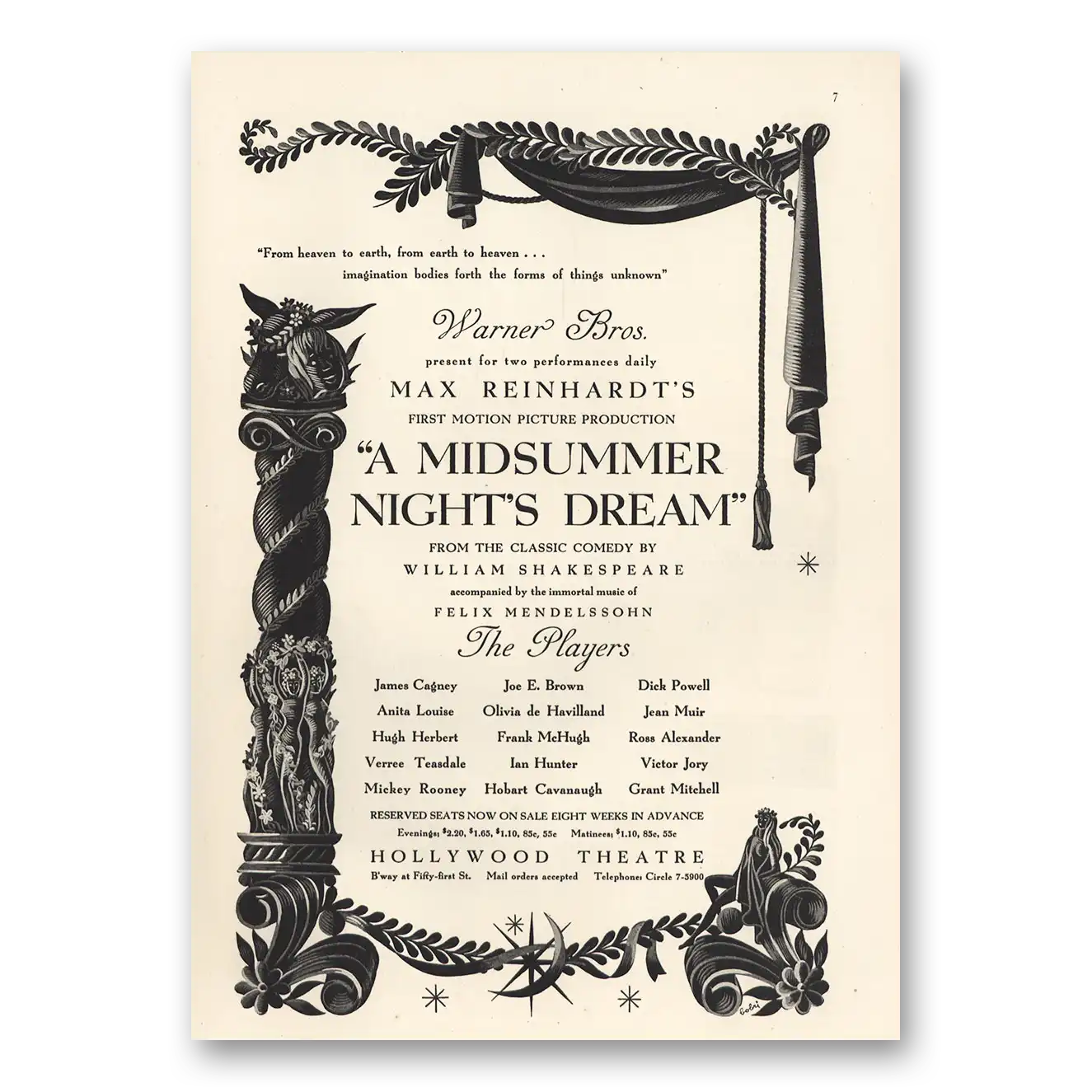1935 Midsummer Nights Dream Movie Promo Print Ad | James Cagney