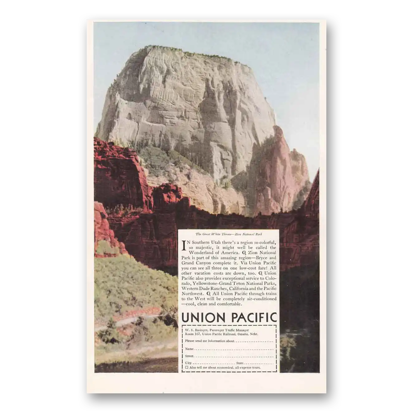 1935 Union Pacific Railroad Print Ad | Great White Throne