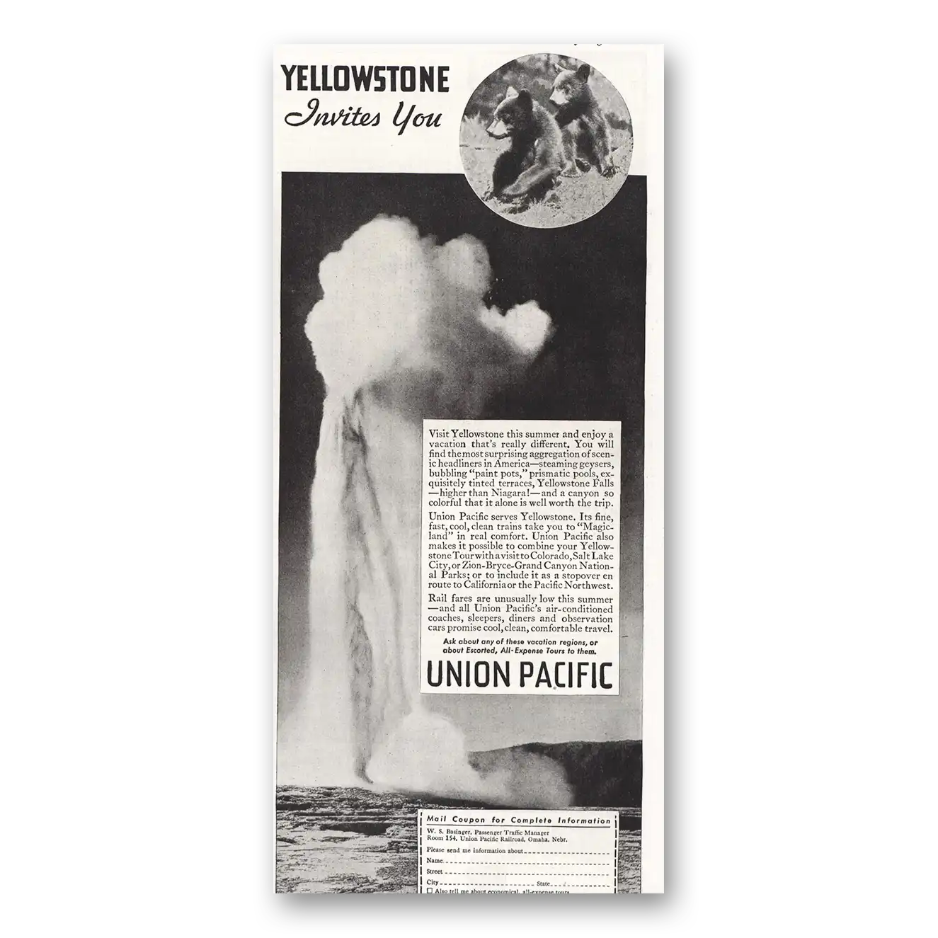 1935 Union Pacific Railroad Print Ad | Yellowstone