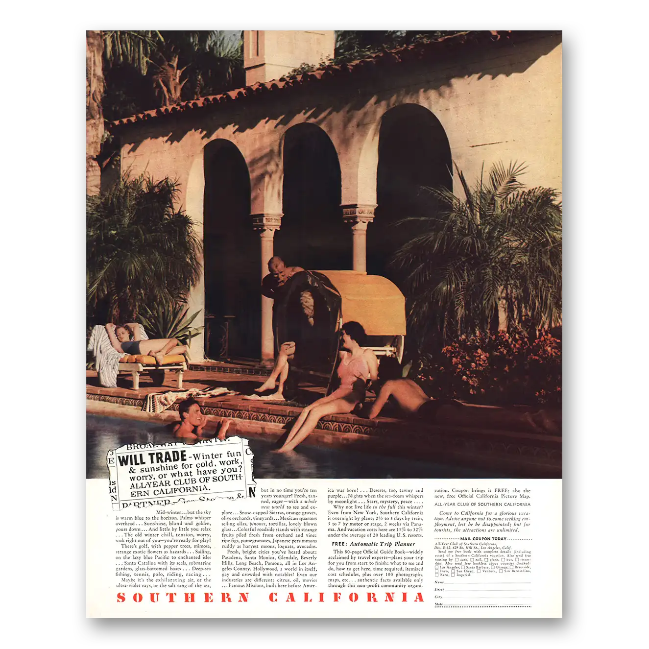 1936 Southern California Print Ad | Winter Fun