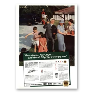 1936 Ethyl Gasoline Print Ad | Four Dogs