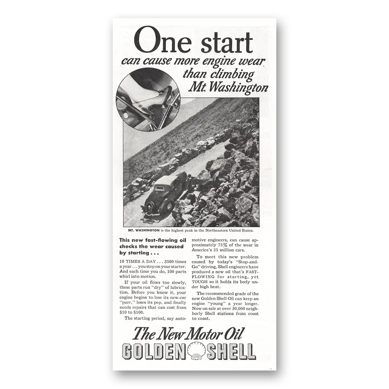 1936 Golden Shell Motor Oil Print Ad | Mt Washington