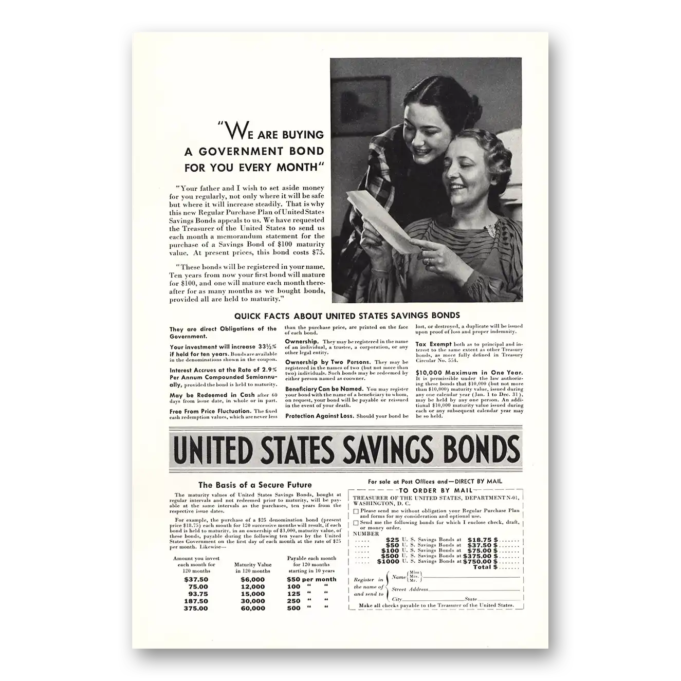 1937 United States Savings Bonds Print Ad | Every Month