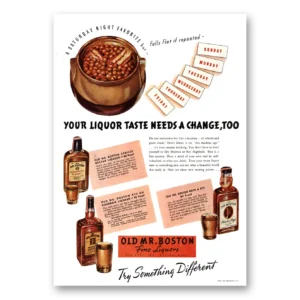 1937 Old Mr Boston Straight Whiskey Print Ad | Liquor Taste