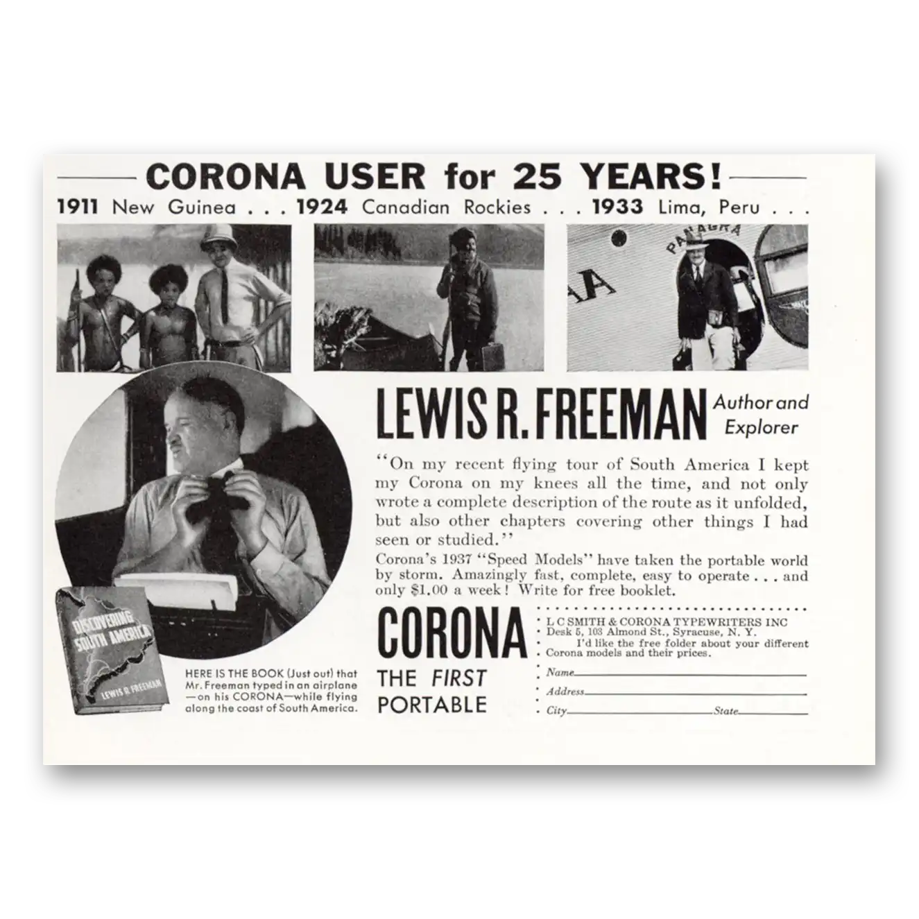 1937 Corona Typewriter Print Ad | Lewis R Freeman