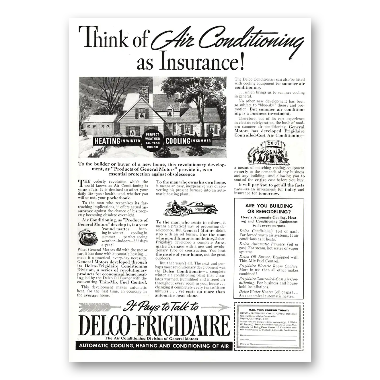 1937 Frigidaire Air Conditioners Print Ad | Insurance
