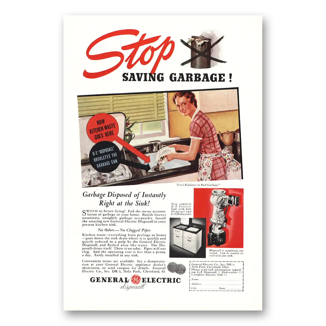 1937 General Electric Garbage Disposal Print Ad | Ge Saving Garbage