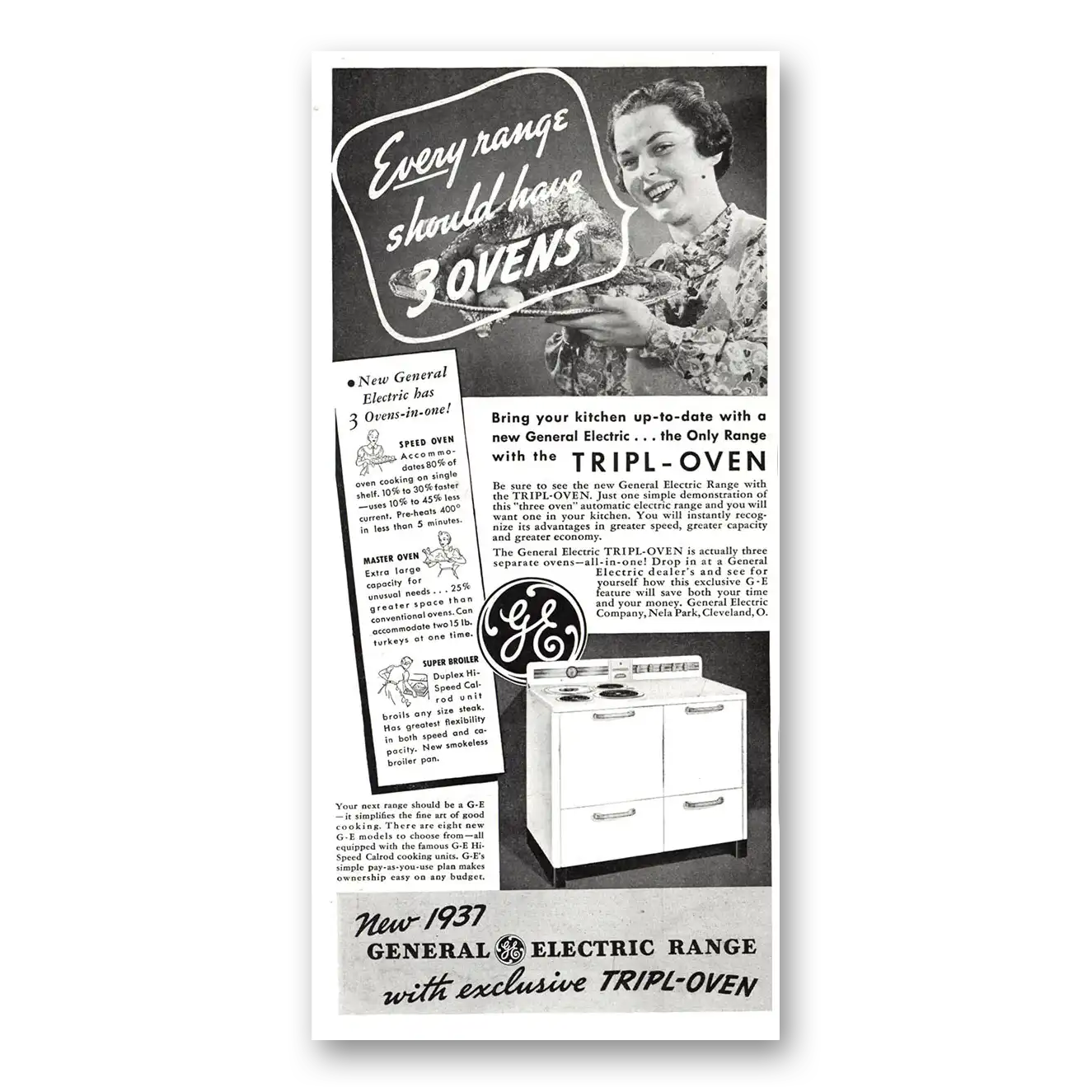 1937 General Electric Range Print Ad | Ge 3 Ovens