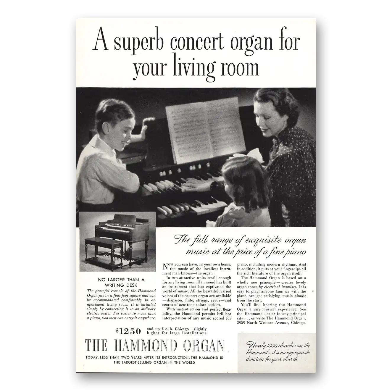 1937 Hammond Organ Print Ad | Superb Concert