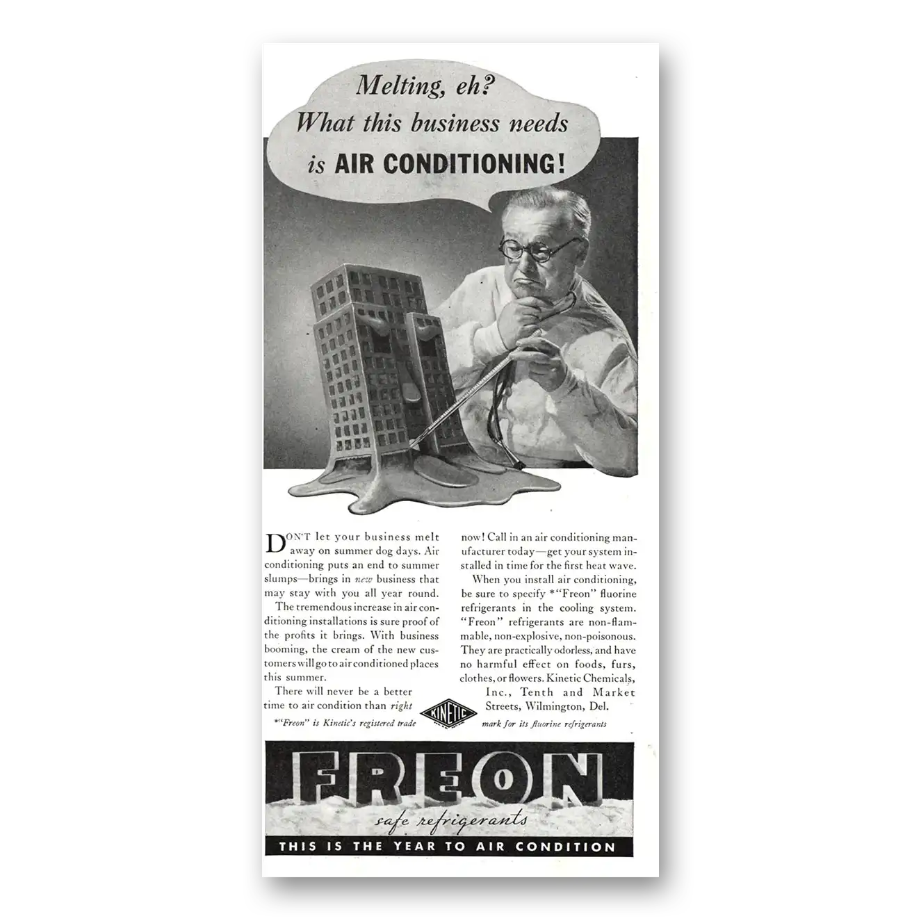 1937 Freon Safe Refrigerants Print Ad | Melting