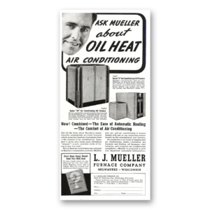 1937 L J Mueller Furnace Print Ad | Air Conditioning