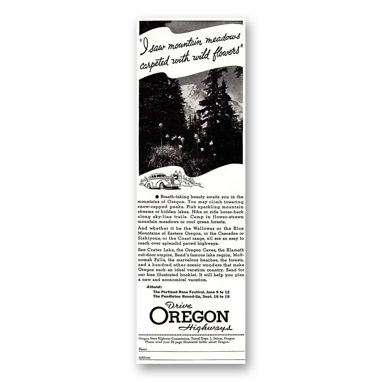 1937 Oregon Print Ad | Mountain Meadows