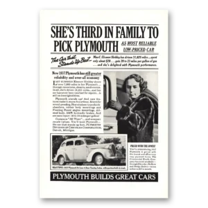 1937 Plymouth Touring Sedan Print Ad | Eleanor Hinkley