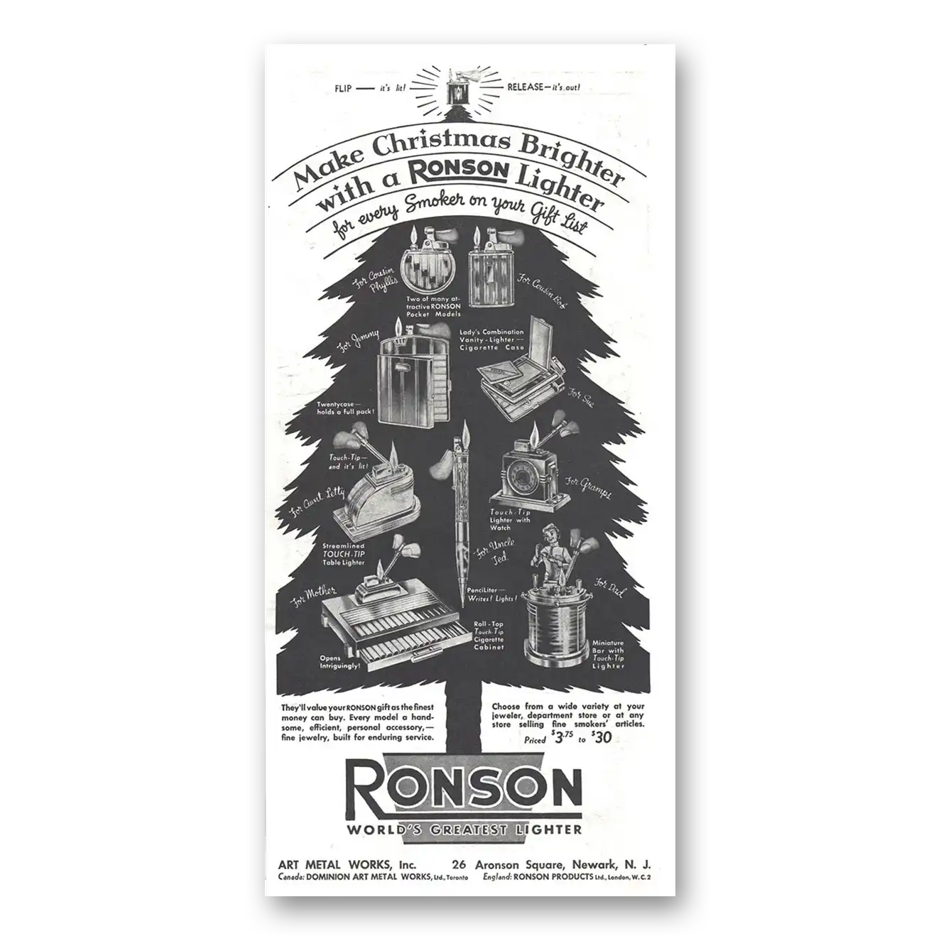 1937 Ronson Lighters Print Ad | Christmas Brighter