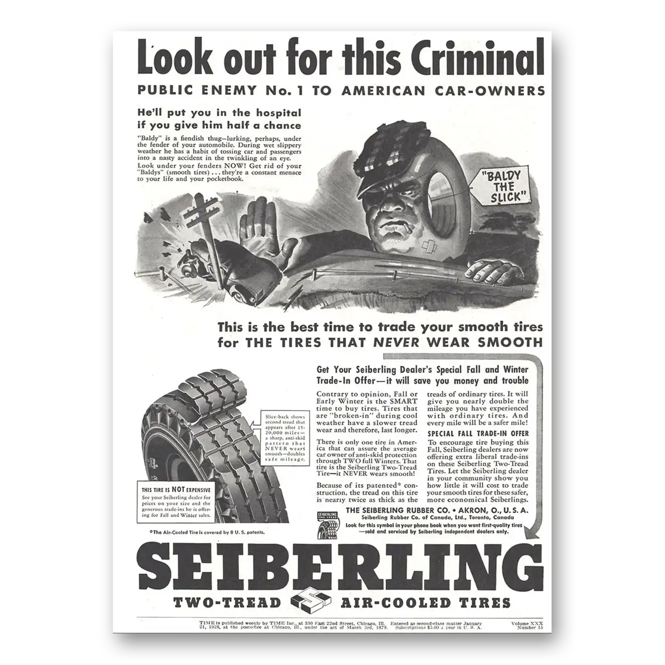1937 Seiberling Tires Print Ad | Look Out Criminal
