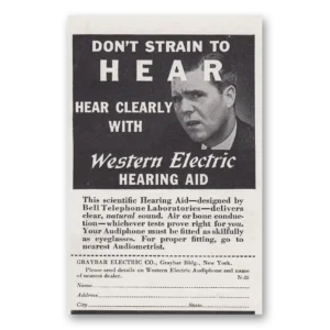1937 Western Electric Hearing Aid Print Ad | Strain Hear