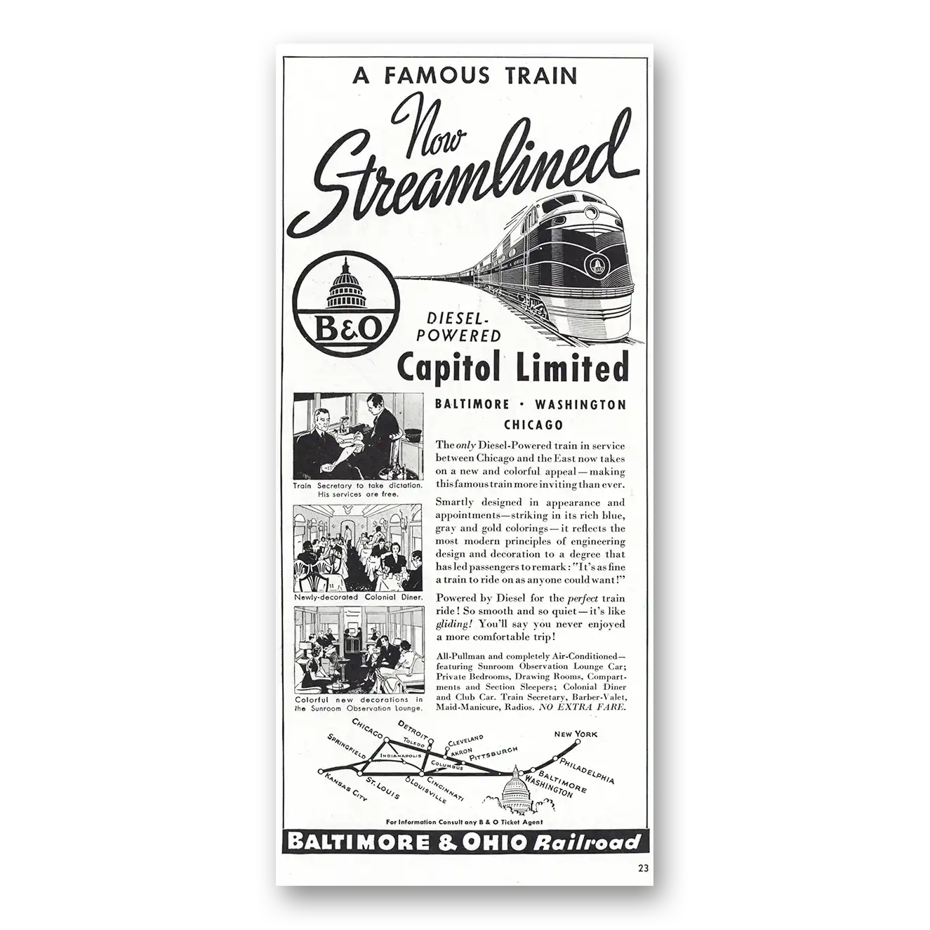 1938 Baltimore and Ohio Railroad Print Ad | Capitol Limited