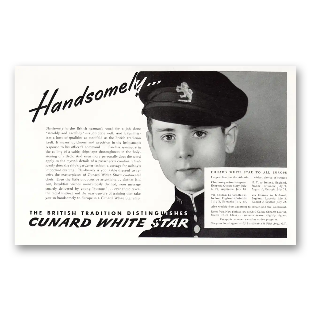 1938 White Star Line Print Ad | Handsomely