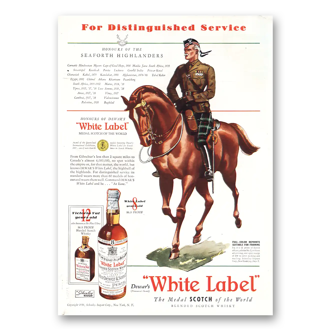 1938 Dewars White Label Print Ad | Seaforth Highlanders
