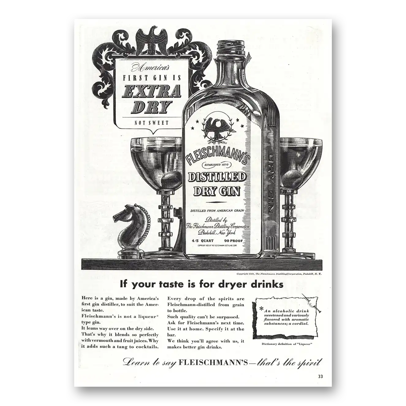 1938 Fleischmanns Gin Print Ad | Taste Dryer Drinks