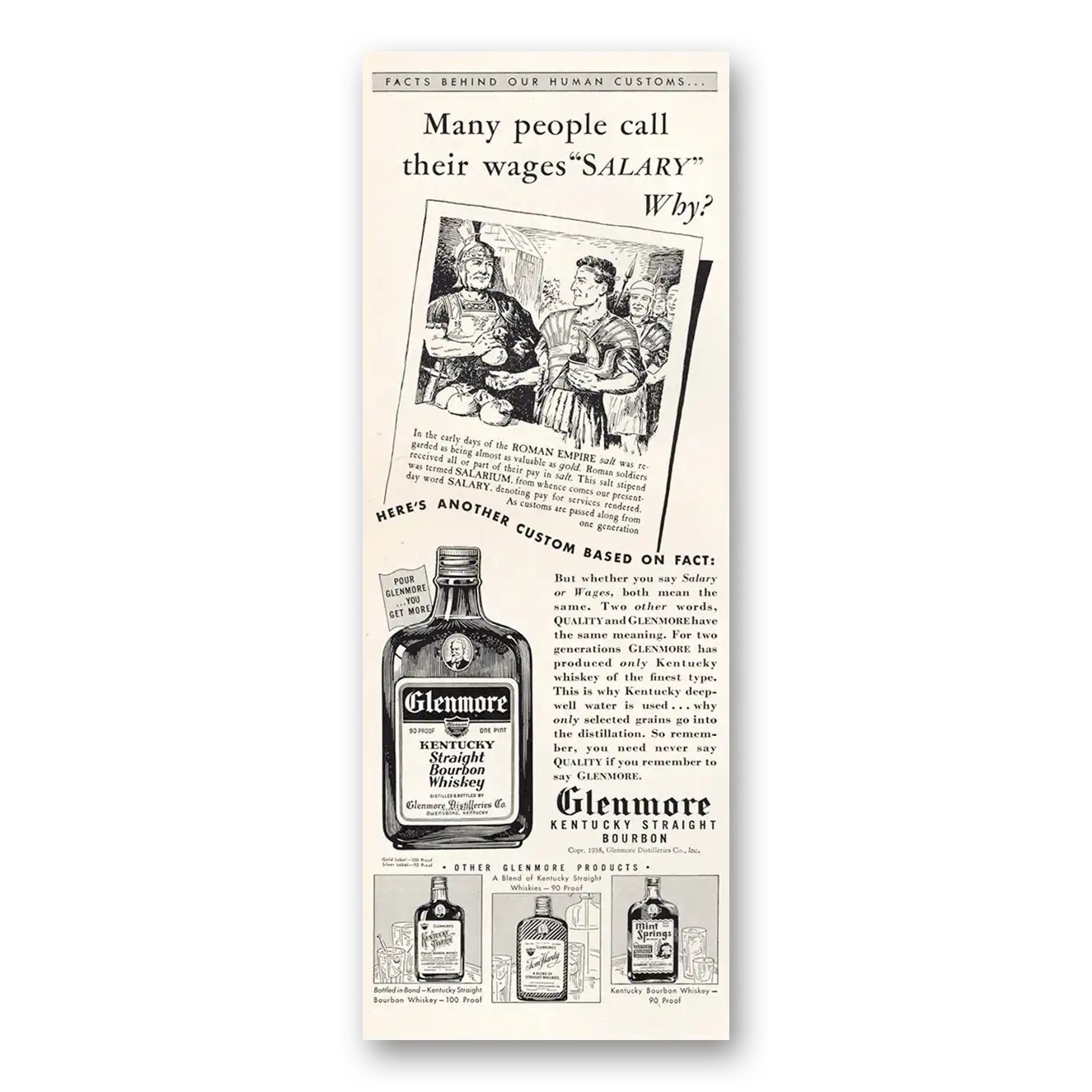 1938 Glenmore Whiskey Print Ad | Wages Salary