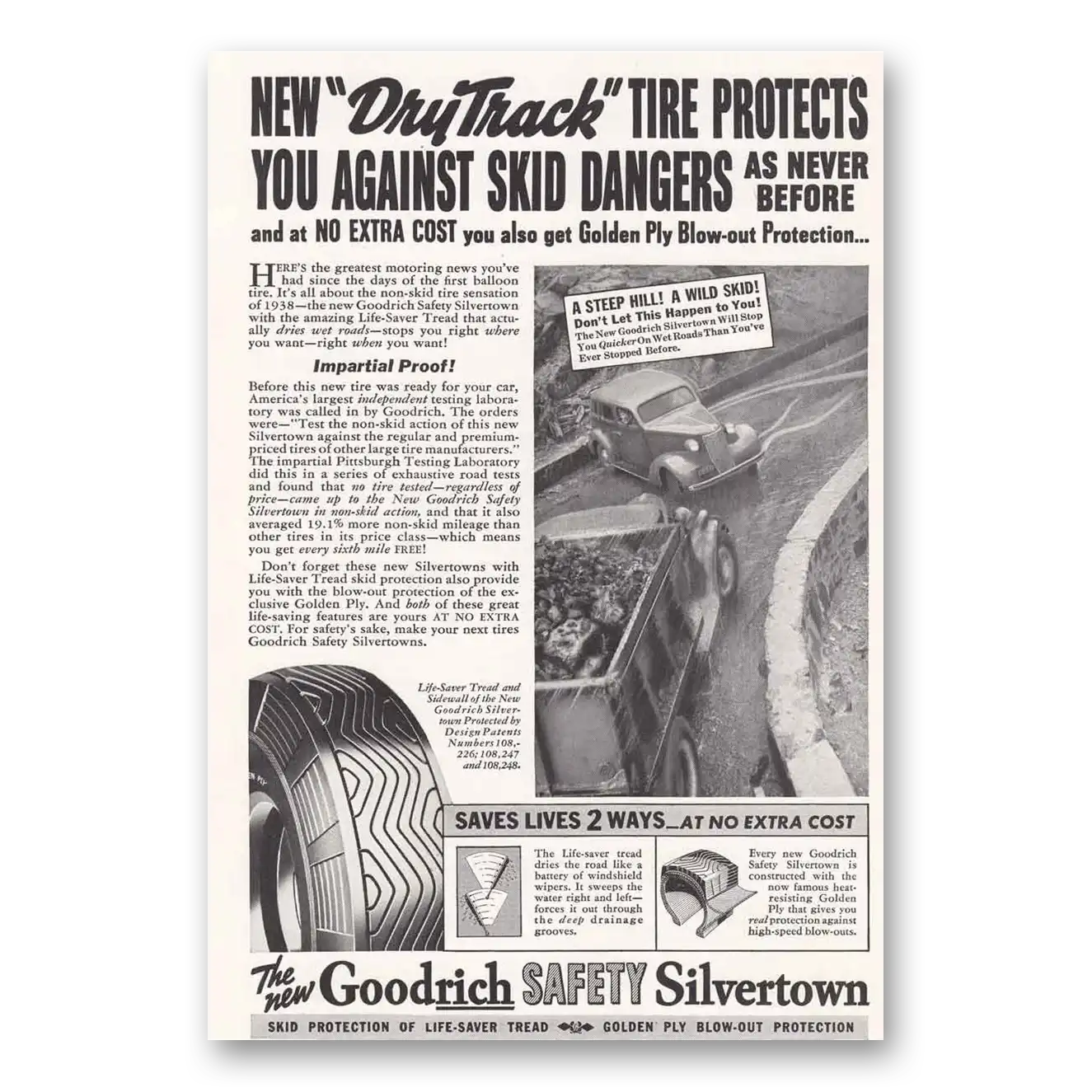 1938 Goodrich Silvertown Tires Print Ad | Dry Track Tire