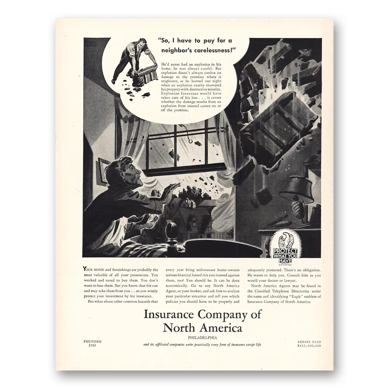 1938 Insurance Company North America INA Print Ad | Neighbors Carelessness
