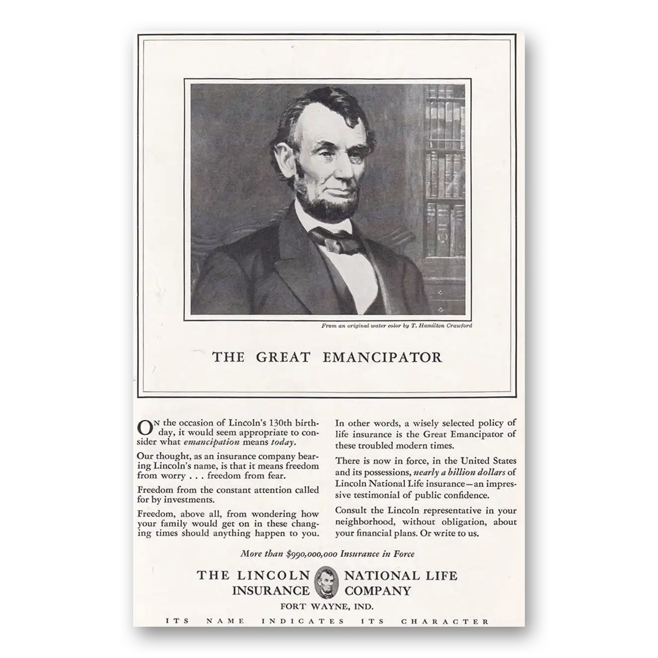 1938 Lincoln National Life Insurance Print Ad | Great Emancipator