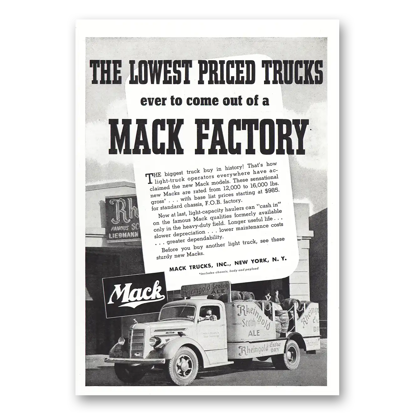 1938 Mack Trucks Print Ad | Mack Factory Rheingold Beer