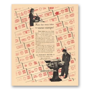 1938 Pitney Bowes Postage Meter Print Ad | Meter Stamps