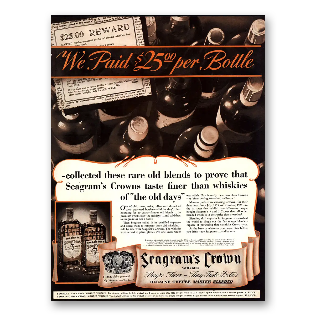 1938 Seagrams Crown Whiskies Print Ad | 25 Per Bottle
