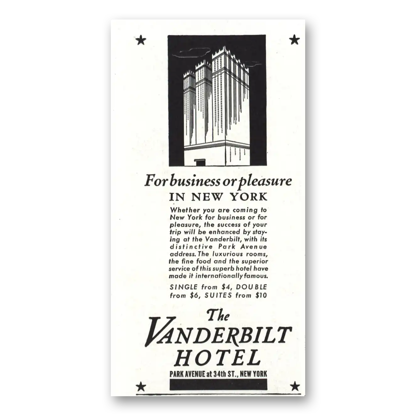 1938 Vanderbilt Hotel Print Ad | Business Or Pleasure New York