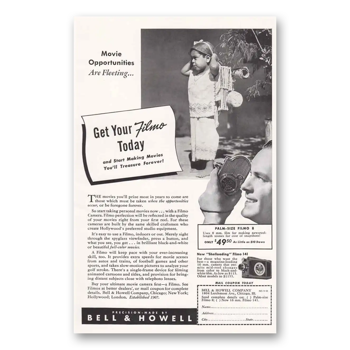 1939 Filmo Camera Print Ad | Movie Opportunities