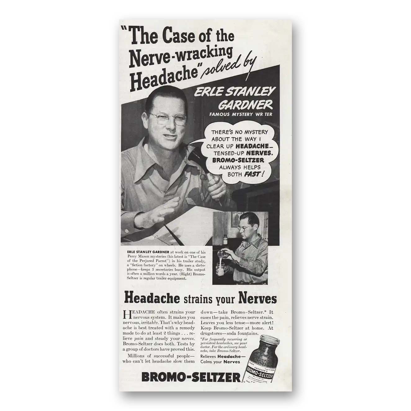 1939 Bromo Seltzer Print Ad | Erle Stanley Gardner