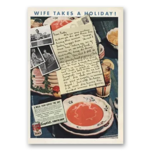 1939 Campbells Tomato Soup Print Ad | Wife Takes Holiday