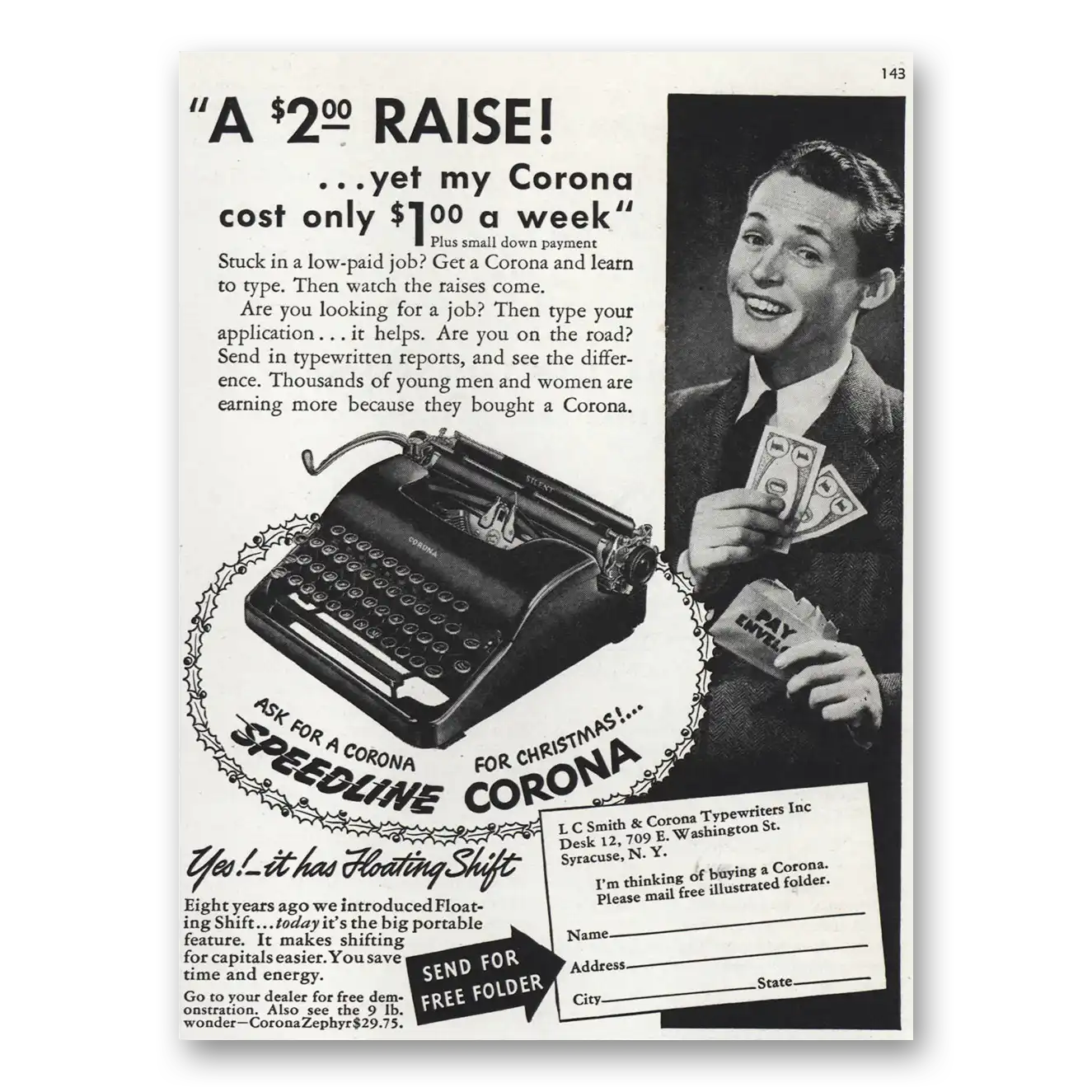 1939 Corona Typewriter Print Ad | Speedline Typewriter